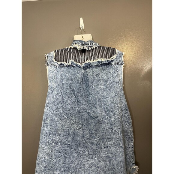 Thrill Jeans Shirt Dress Womens 1X Blue Denim Sleeveless Distressed Hi Low Mesh - Picture 6 of 10